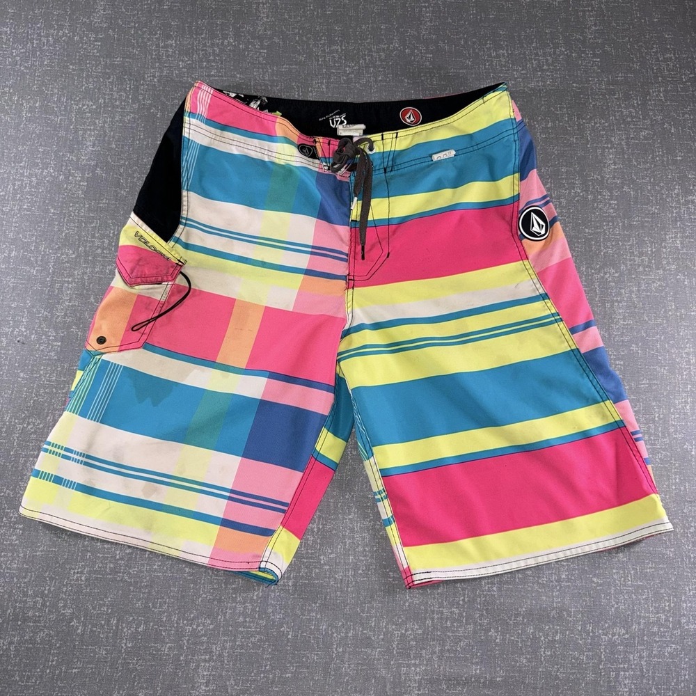 Volcom Board Shorts Mens 34 Multicolor Stripe Plaid Swim Trunks Surf V2S Stretch